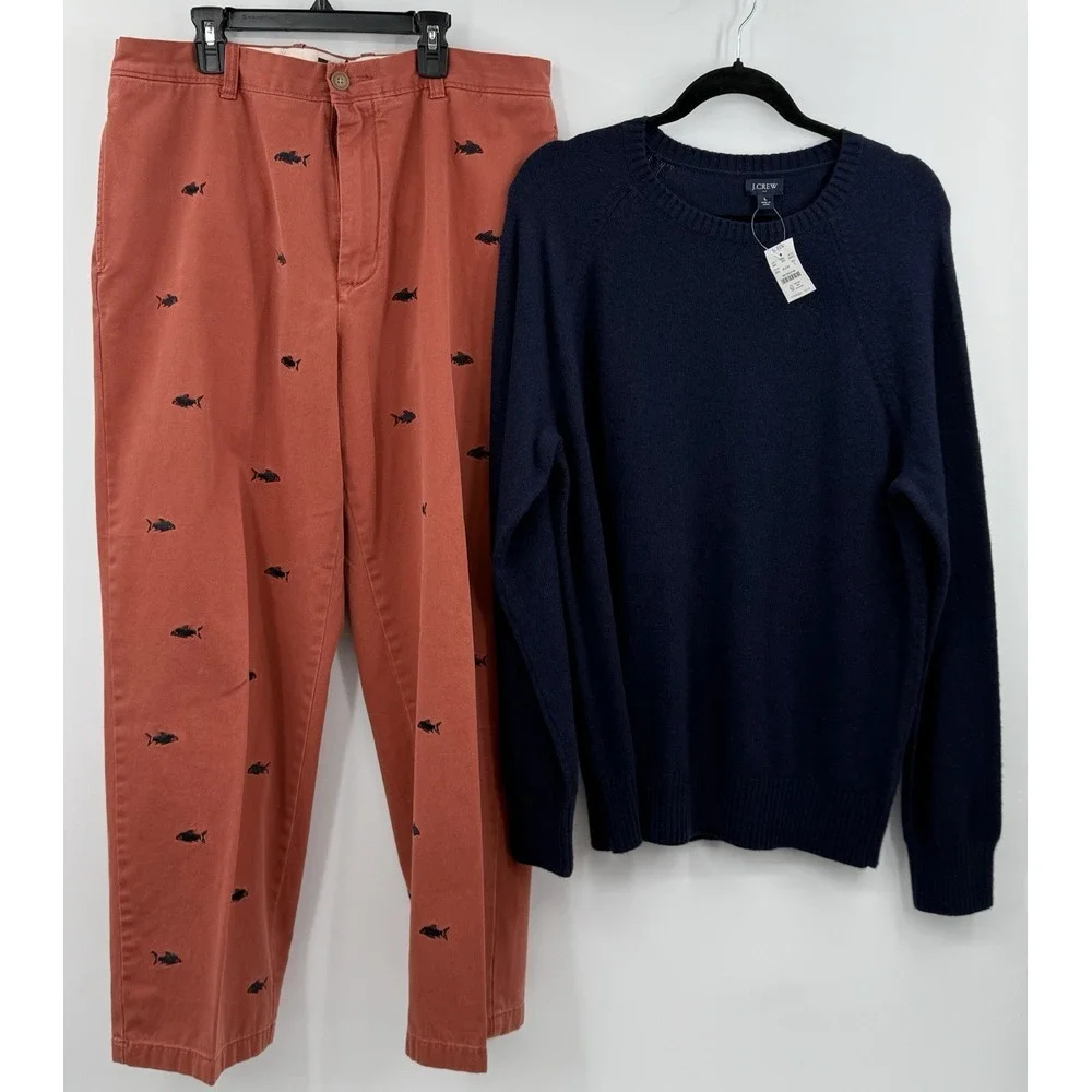 J. Crew Wool Blend Sweater Sz L Blue AA027 NWT & Embroidered Fish Chino 36x30‎